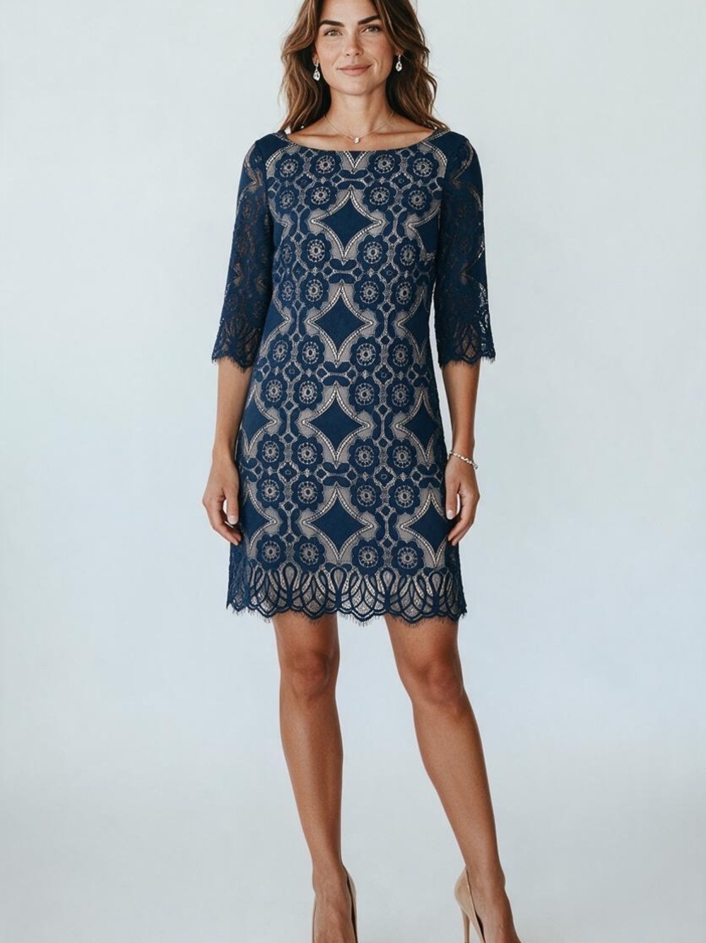 Eliza J Size 6 Navy Blue Lace Sheath Dress Nude Lining Scalloped Hem